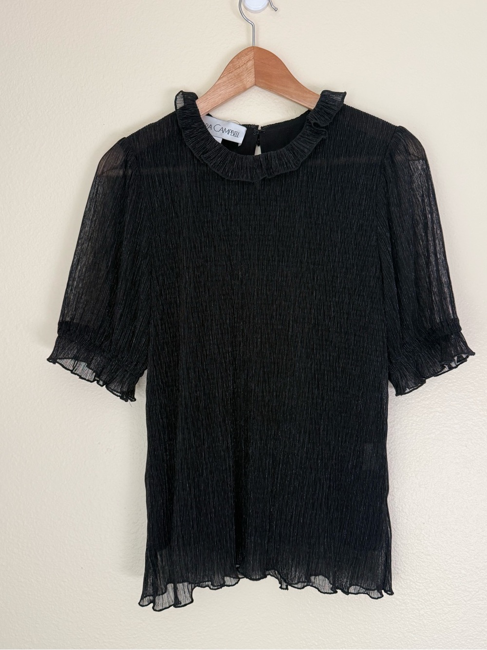 Sara Campbell Black Sheer Ruffled Neck Short Sleeve Blouse